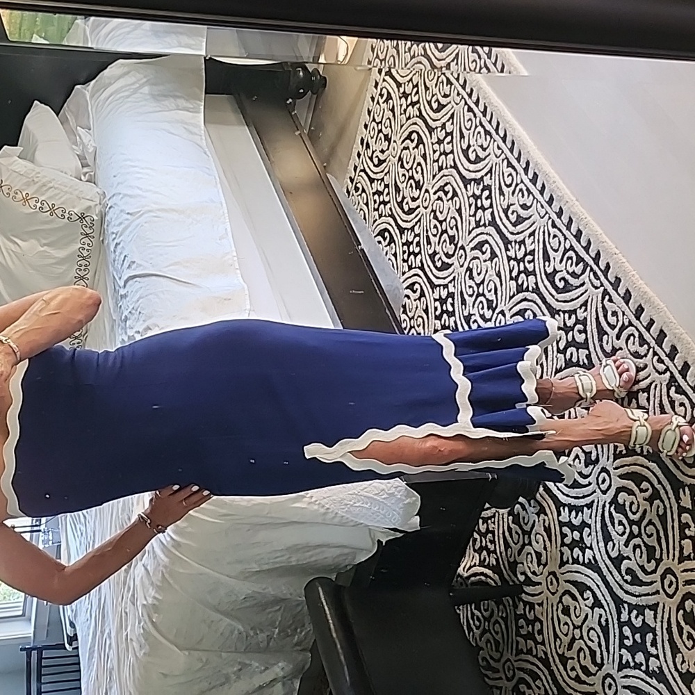 Sassy, sexy, sultry...Blue and white strapless dress with thigh slit, size 6